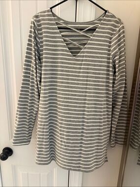 Zenana Outfitters Gray and White Striped Long Sleeve Crisscross Top
